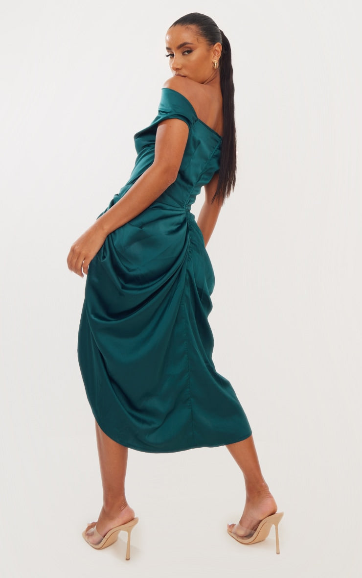 Emerald Green Satin Off The Shoulder Draped Skirt Midi Dress