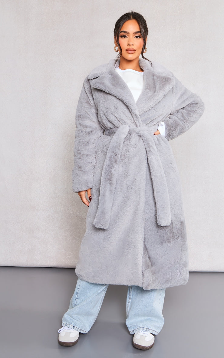 Petite Light Grey Belted Faux Fur Coat