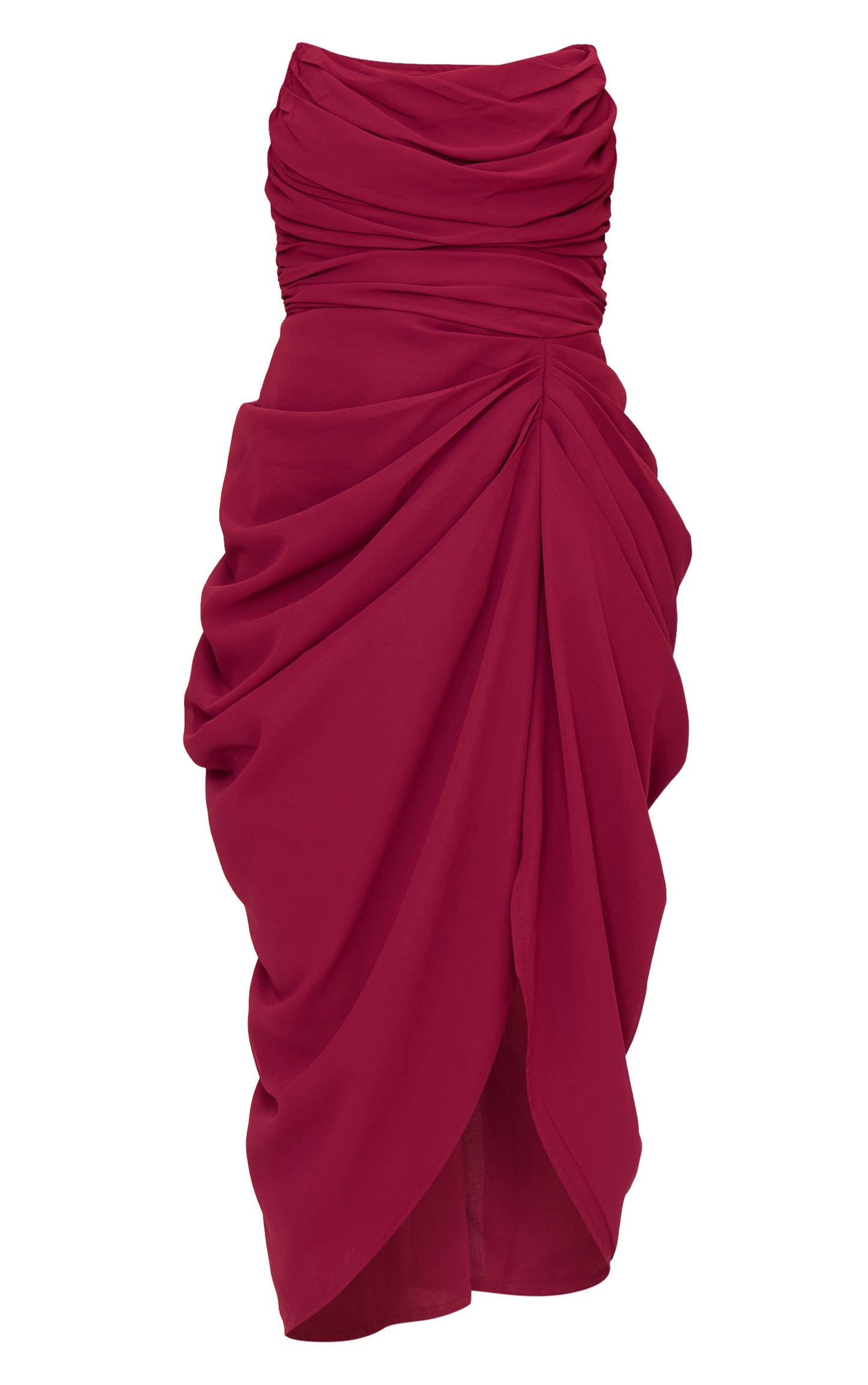 Burgundy Chiffon Corset Bandeau Draped Midi Dress