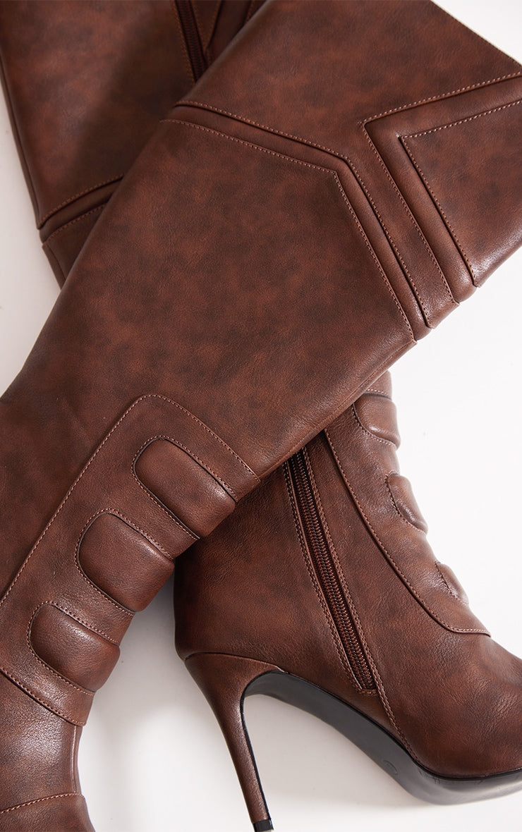 Brown Vintage Point Toe Motor Cross High Heeled Knee Boots