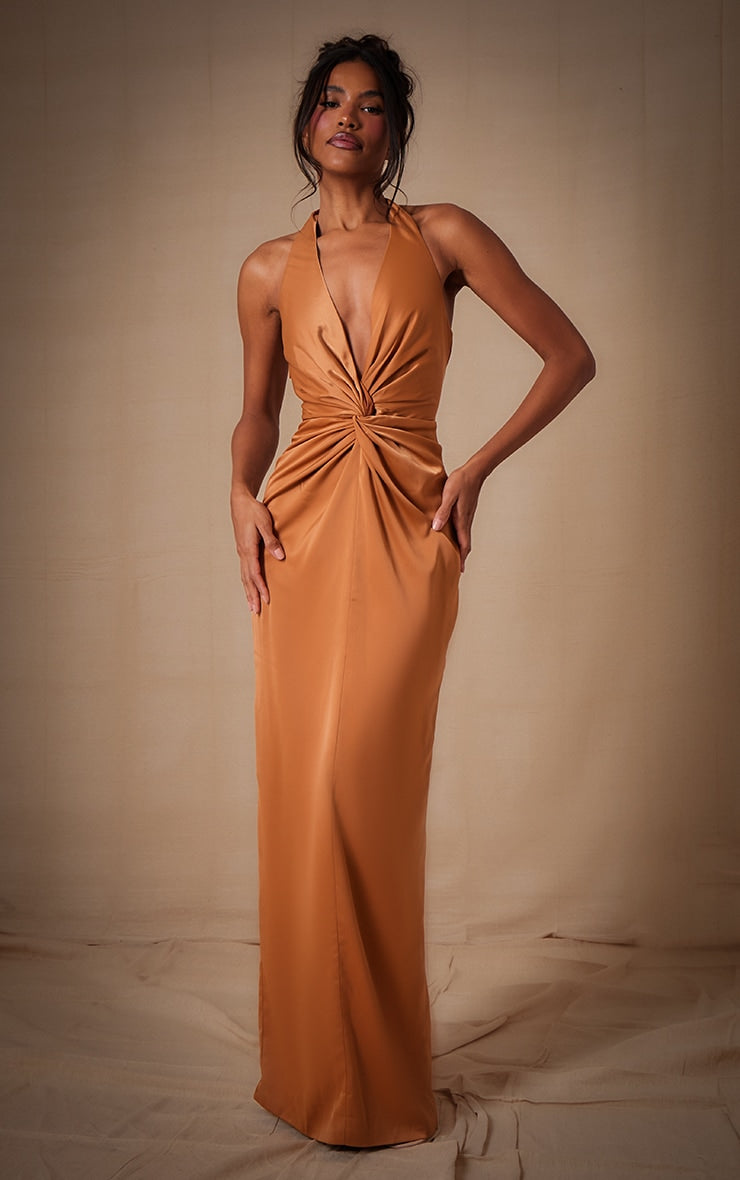 Champagne Bridesmaid Satin Twist Plunge Halterneck Maxi Dress