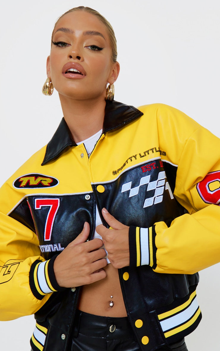 PRETTYLITTLETHING Yellow Faux Leather Motocross Racer Bomber Jacket