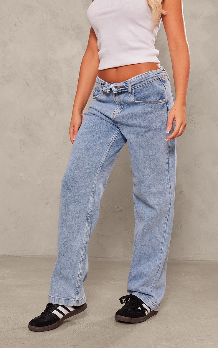 Light Blue Wash Foldover Waistband Denim Jeans