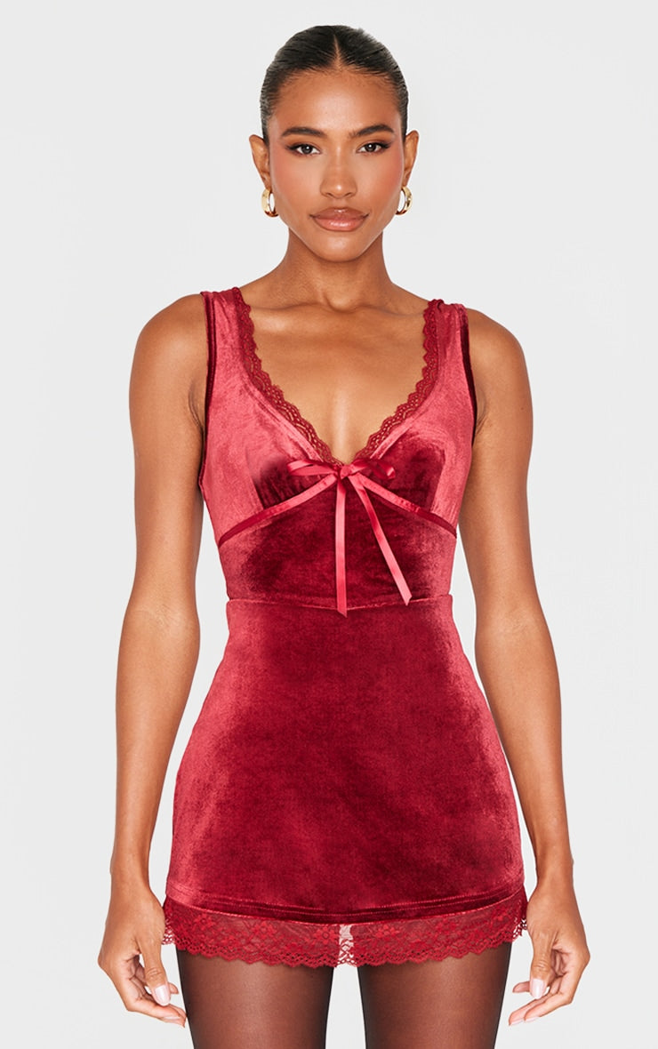 Burgundy Velvet Ribbon Trim Playsuit