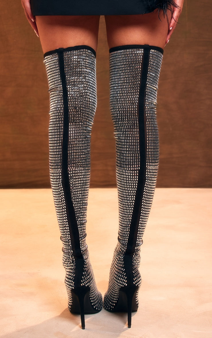 Black Mesh Point Toe Diamante Over The Knee High Heeled Boots