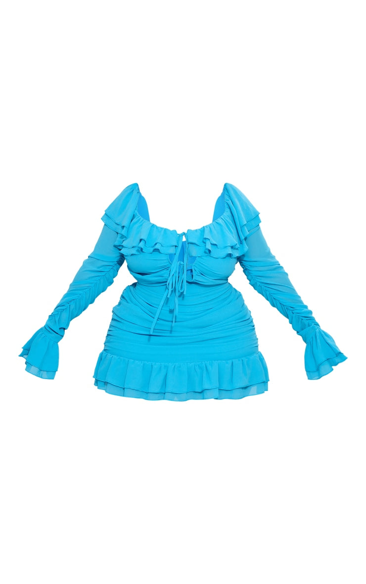 Plus Bright Blue Bardot Ruffle Detail Shift Dress