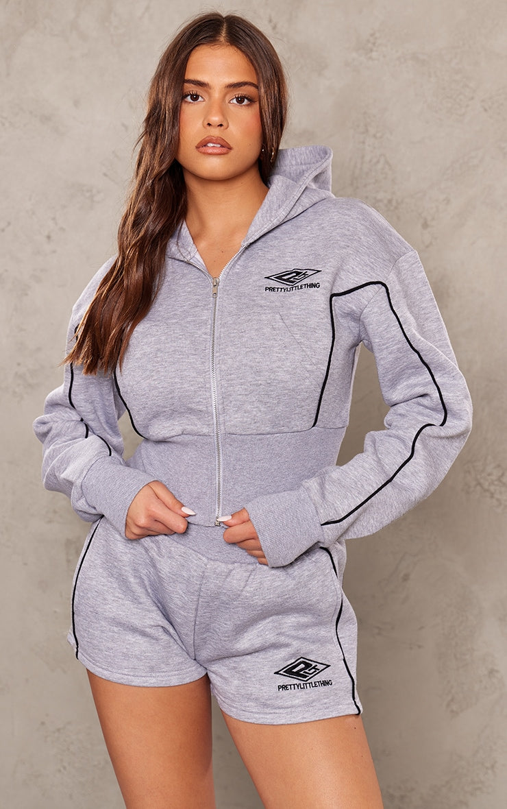 PRETTYLITTLETHING Ash Grey Cropped Contrast Stitch Zip Through Hoodie