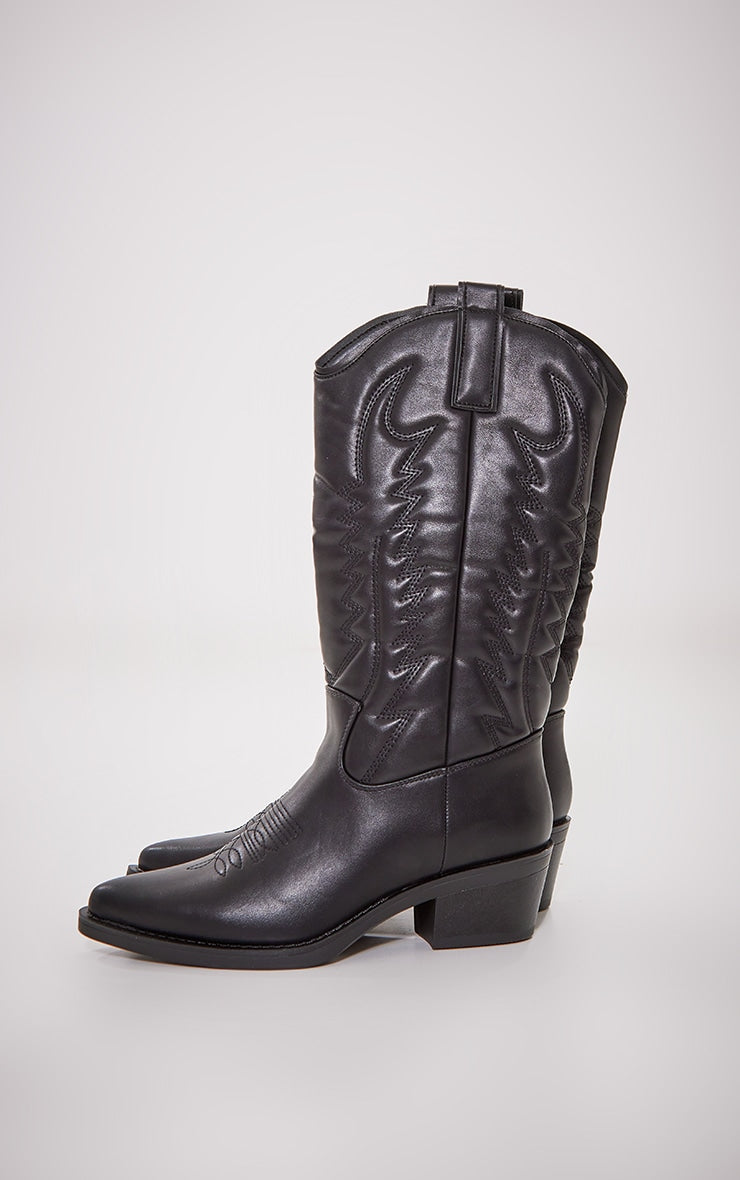 Black Faux Leather Point Toe Knee High Western Boots