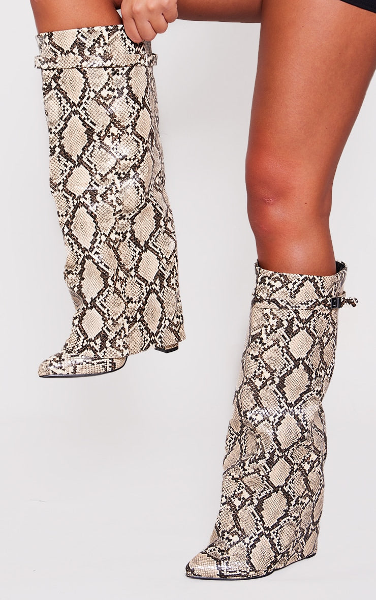 Snake Print PU Fold Over Knee Block Heeled Boots