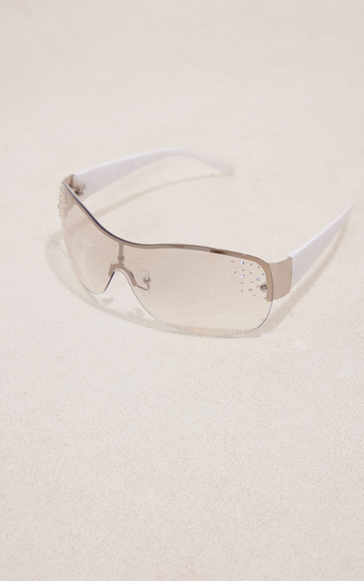 White Diamante Detail Curved Visor Sunglasses