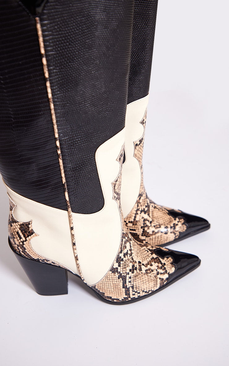 Black Faux Leather Wide Fit Textured Snake Print Western Knee Boots