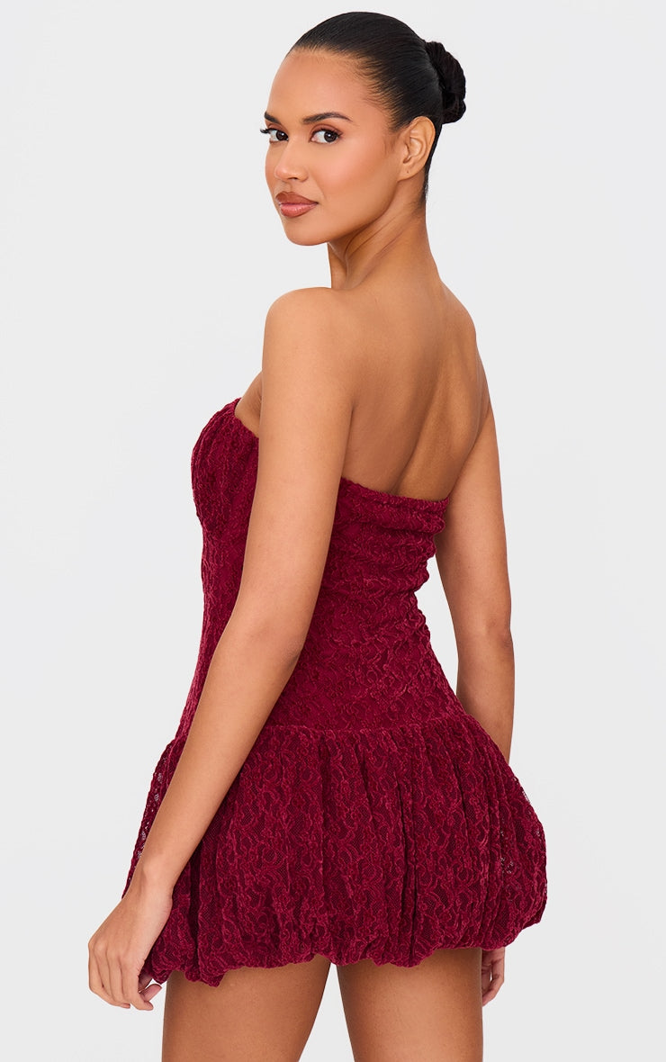 Cherry Red Lace Bandeau Ruched Mini Dress