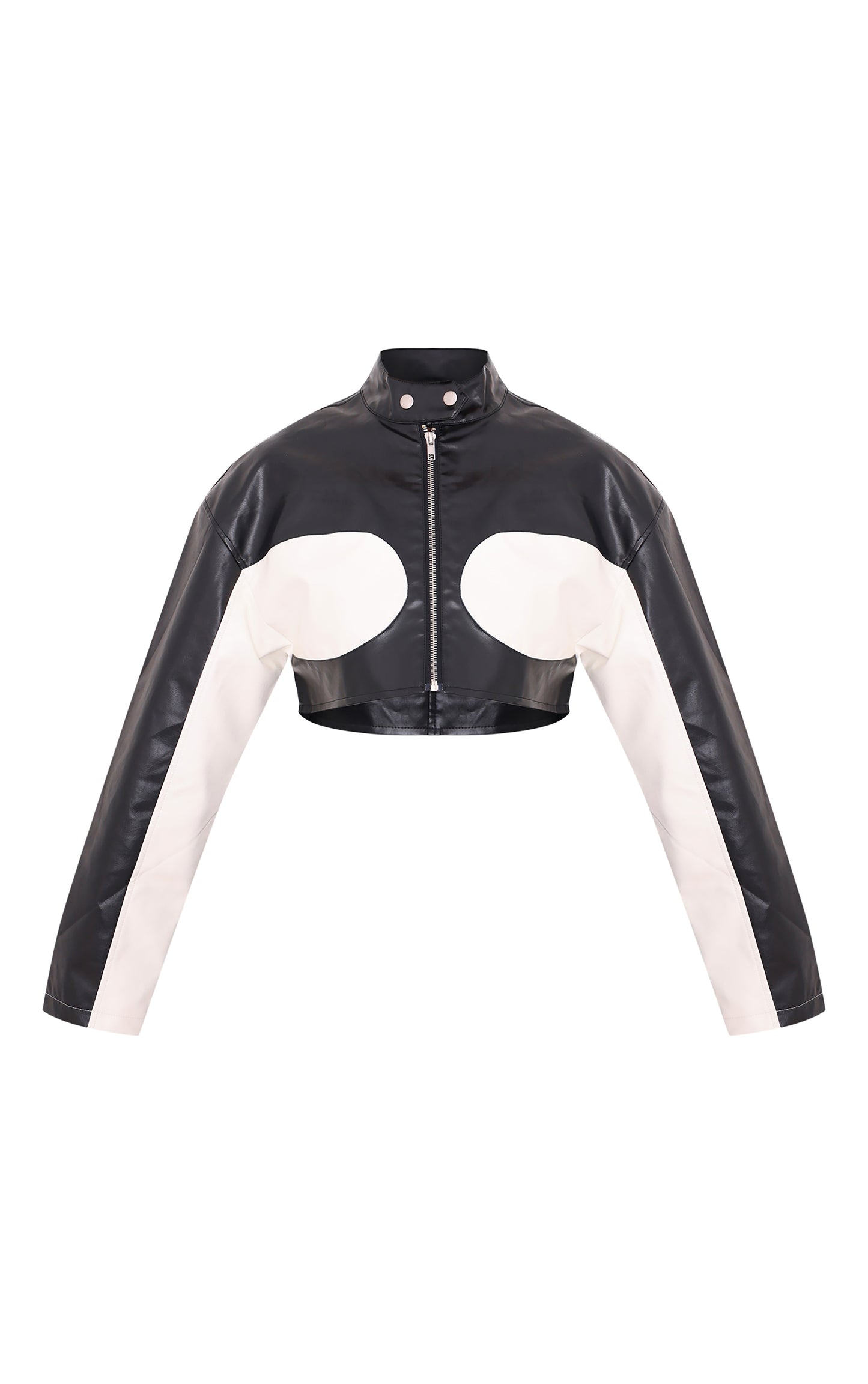 Monochrome Faux Leather Contrast Panel Cropped Jacket