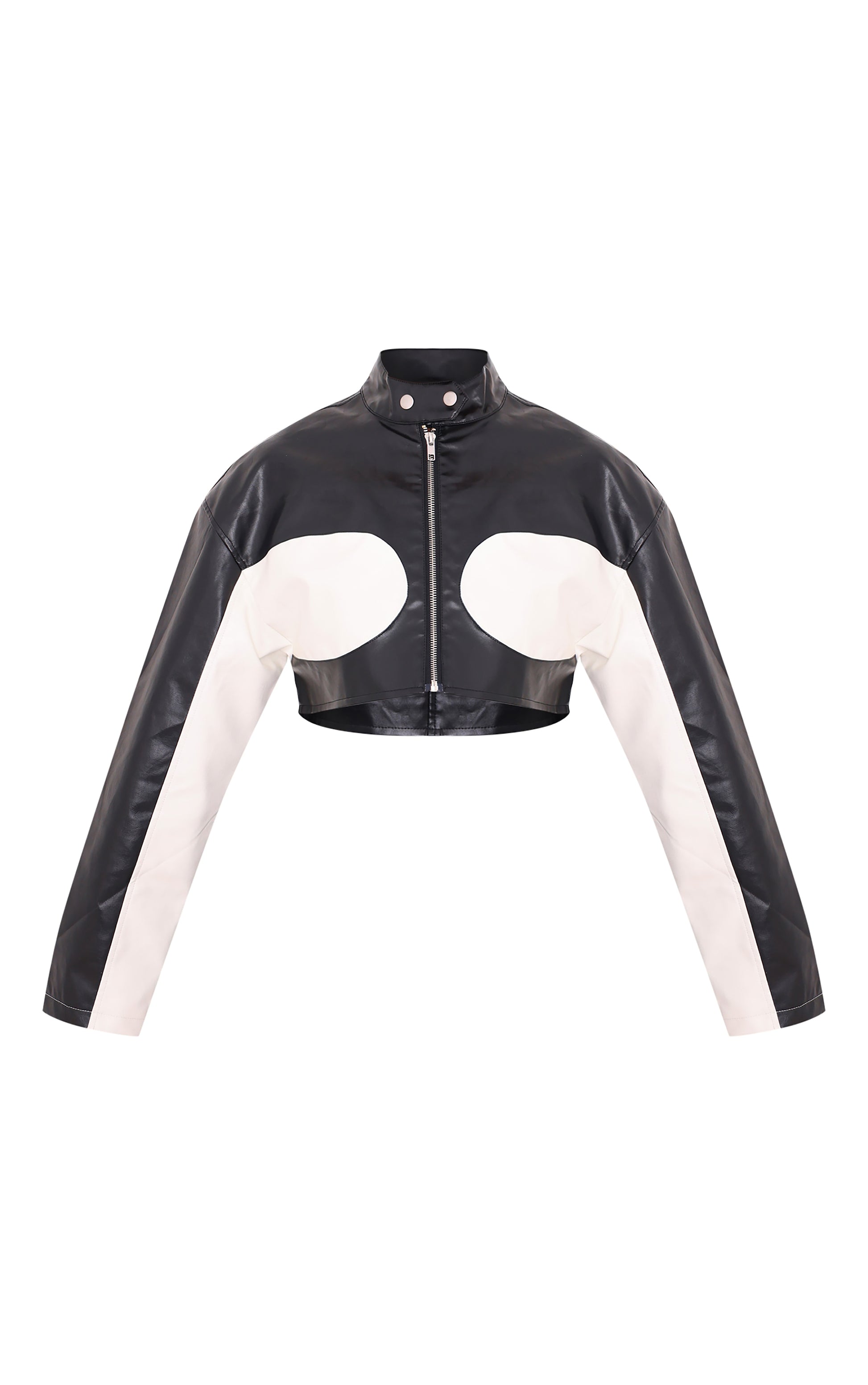 Monochrome Faux Leather Contrast Panel Cropped Jacket