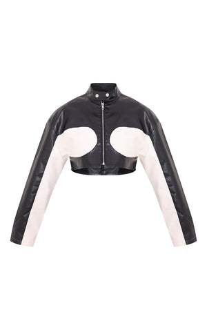 Monochrome Faux Leather Contrast Panel Cropped Jacket