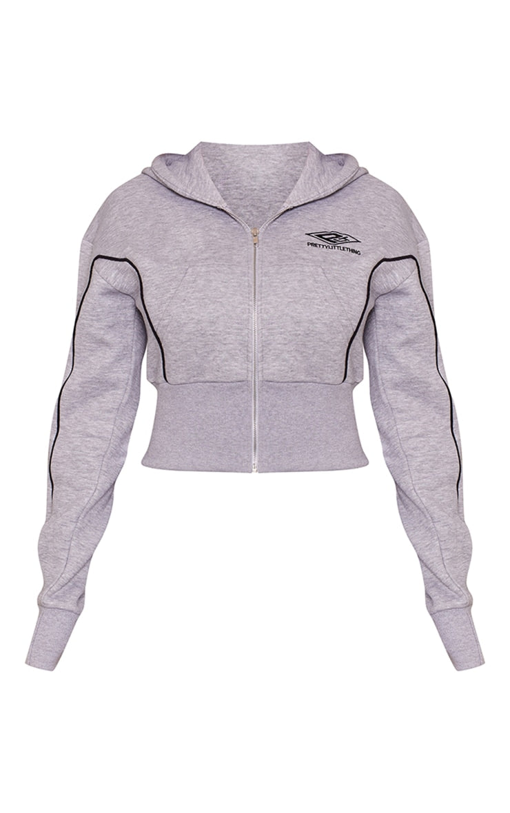 PRETTYLITTLETHING Ash Grey Cropped Contrast Stitch Zip Through Hoodie