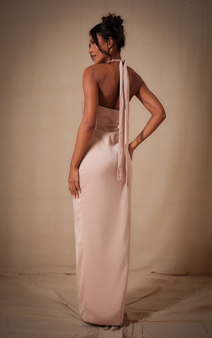 Champagne Bridesmaid Satin Twist Plunge Halterneck Maxi Dress