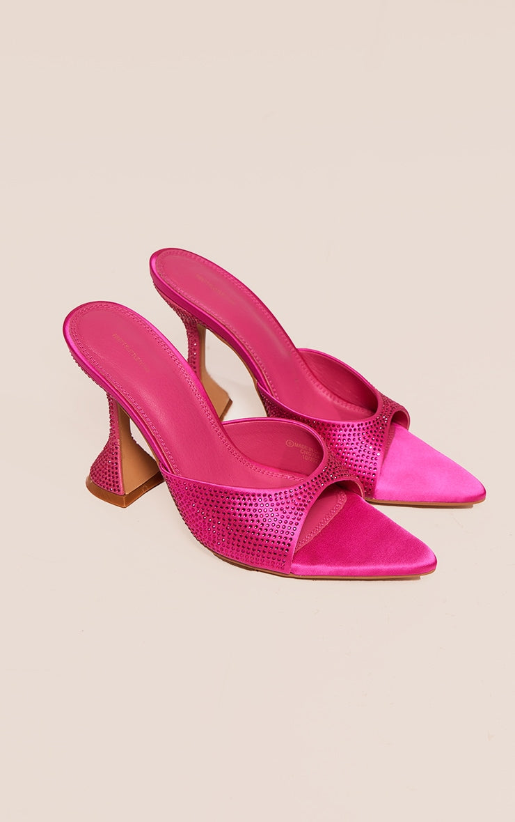 Pink PU Diamante Point Toe Heeled Mules