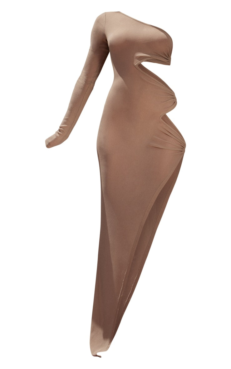 PLT Label Sand One Sleeve Cut Out Maxi Dress