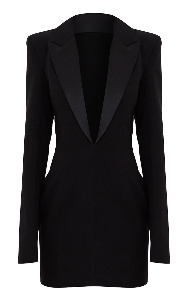 Black Tailored Satin Lapel Blazer Dress