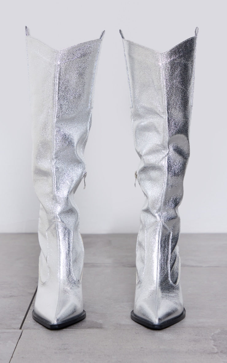 Silver Metallic Western Pointed Wedge Heeled Knee Boots