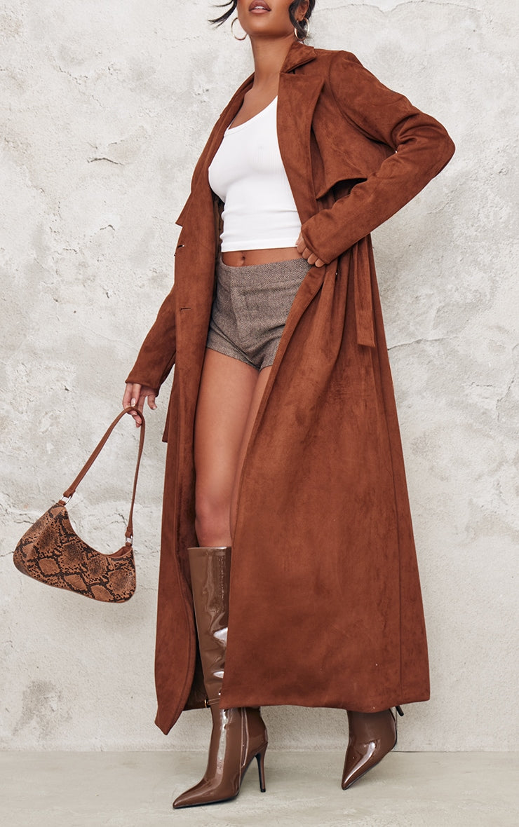 Tall Chocolate Faux Suede Belted Maxi Trench Coat