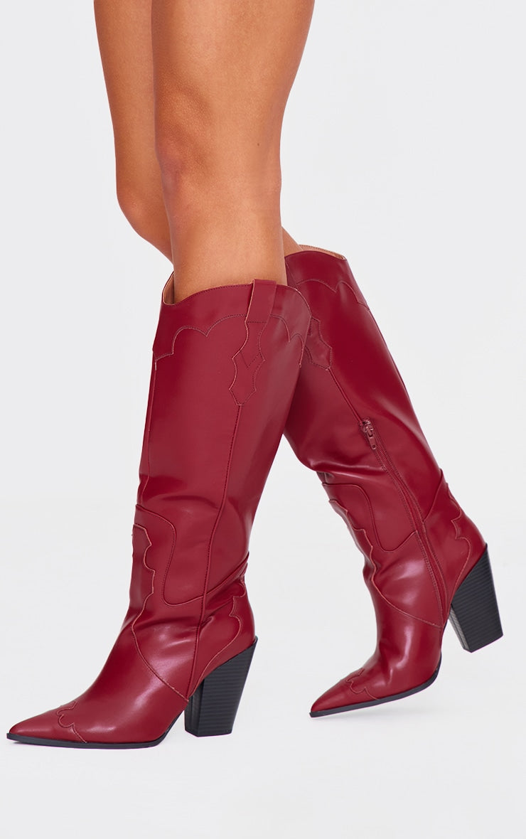 Burgundy Wide Fit PU Point Toe Knee High Heeled Western Boots