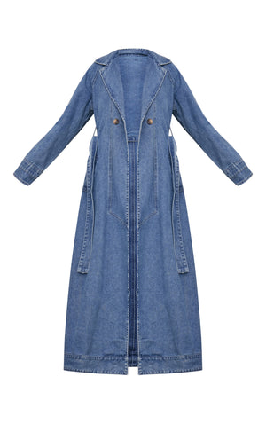 Tall Mid Blue Wash Belt Detail Denim Trench Coat