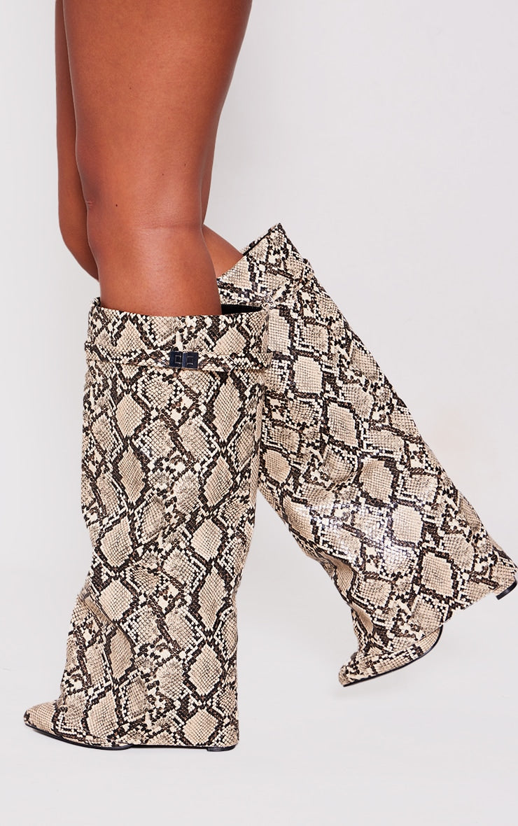 Snake Print PU Fold Over Knee Block Heeled Boots