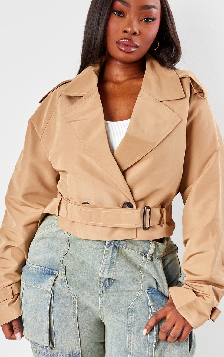 Plus Taupe Belted Cropped Trench Coat