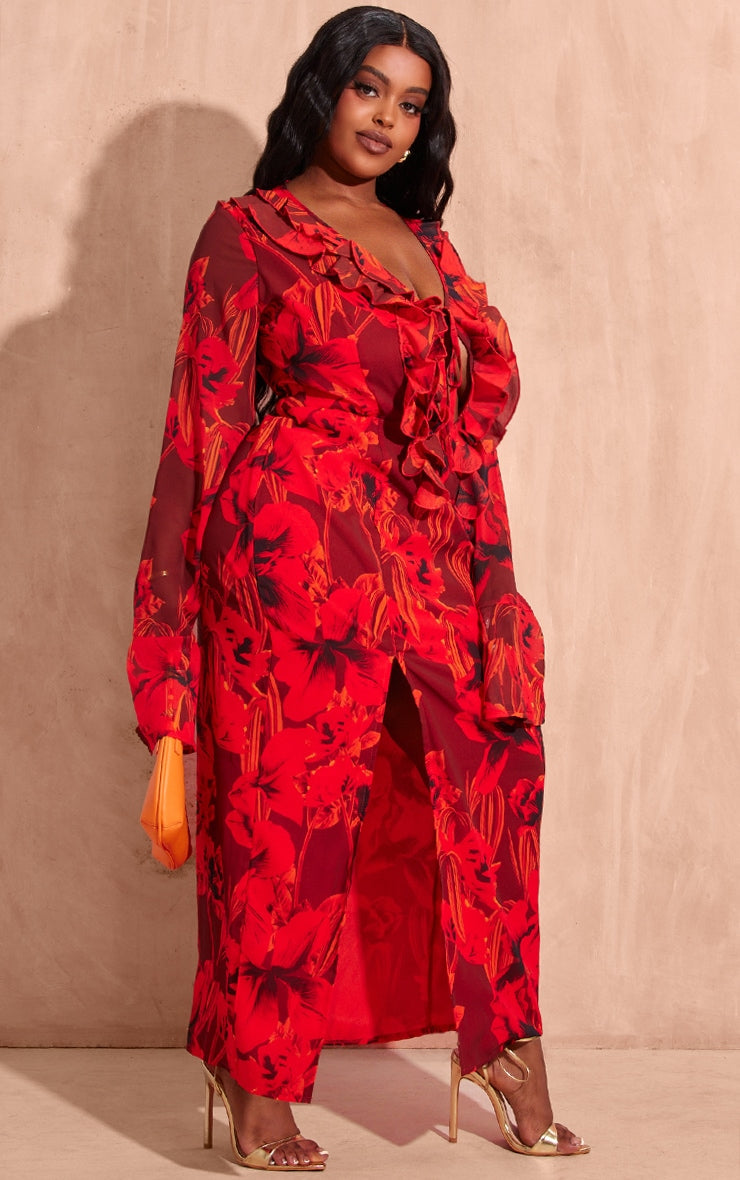 Plus Red Floral Print Chiffon Frill Midi Dress