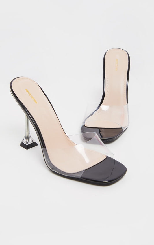 Black Clear Heel Mule Sandals