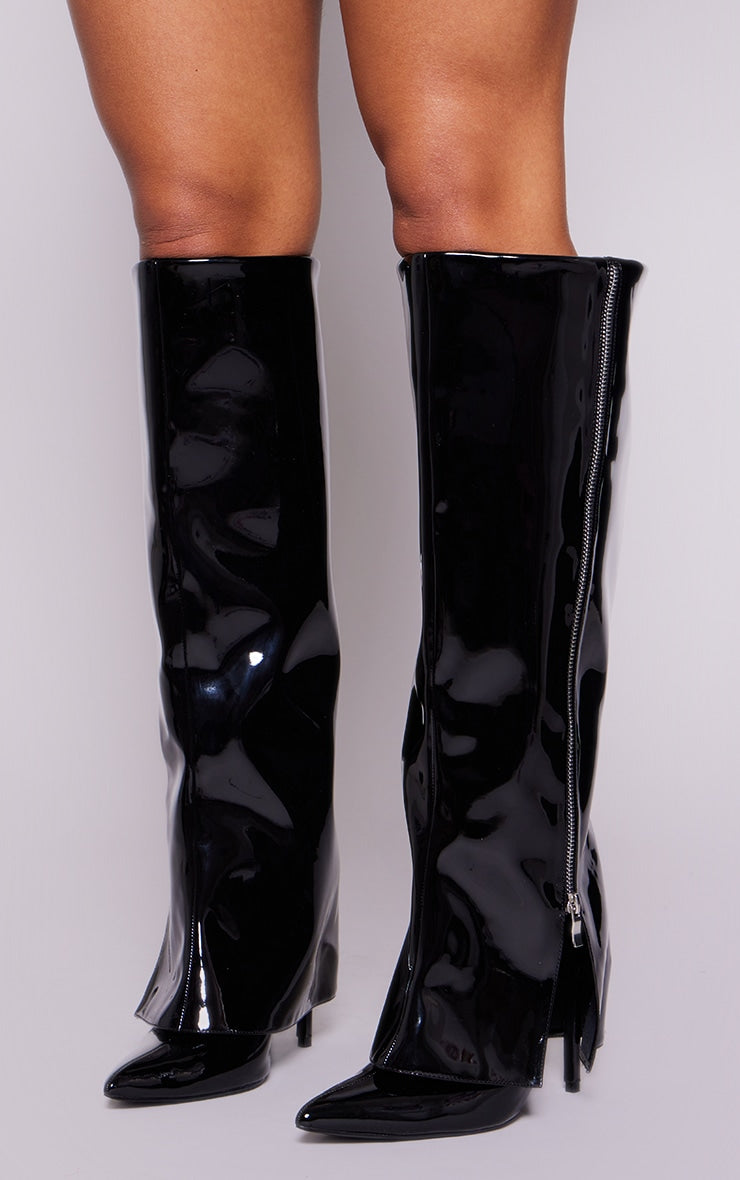 Black PU Point Toe Fold Over Stiletto Heel Knee High Boots