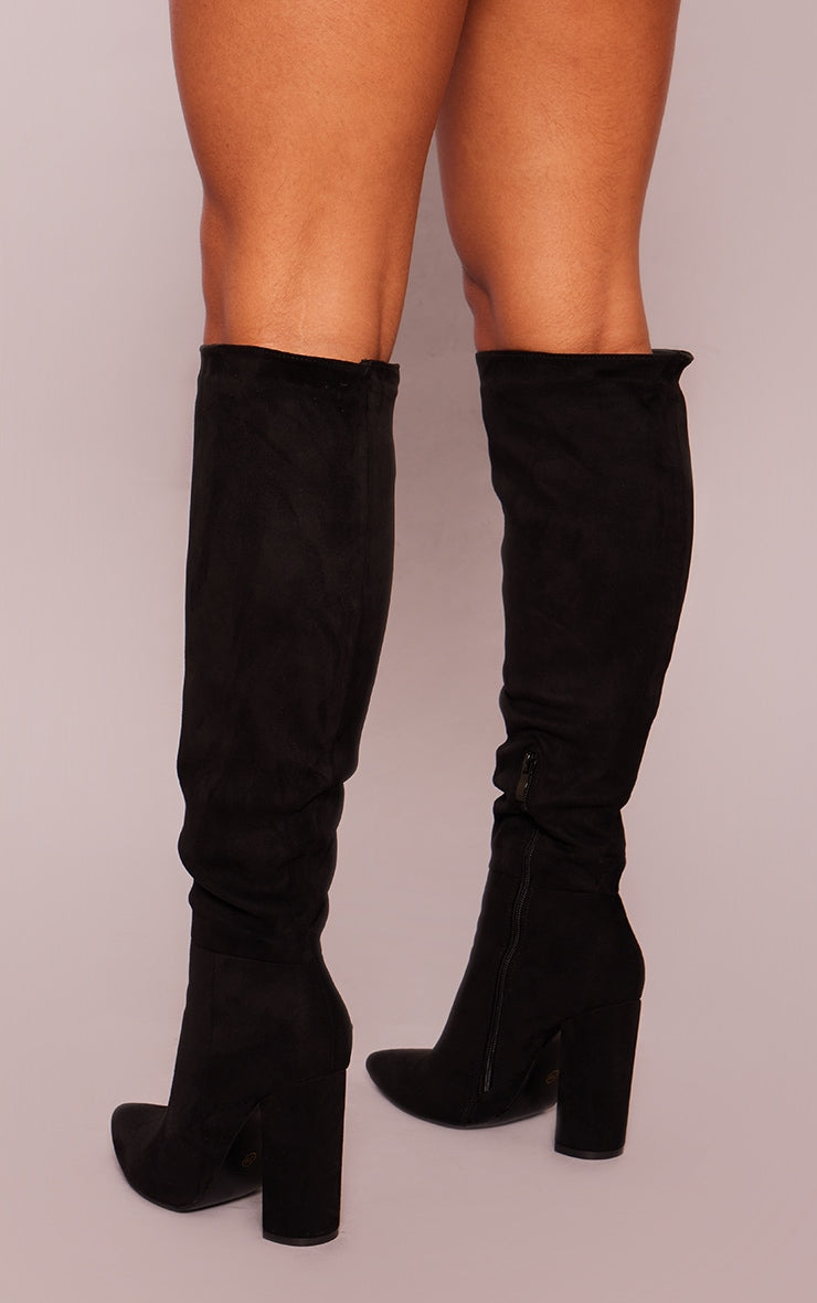 Black Faux Suede Point Toe Knee High Block Heel Boots