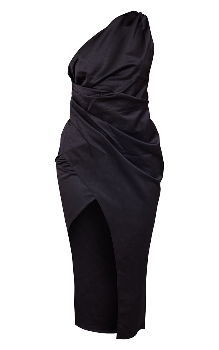 Black Satin One Shoulder Pleat Detail Midi Dress