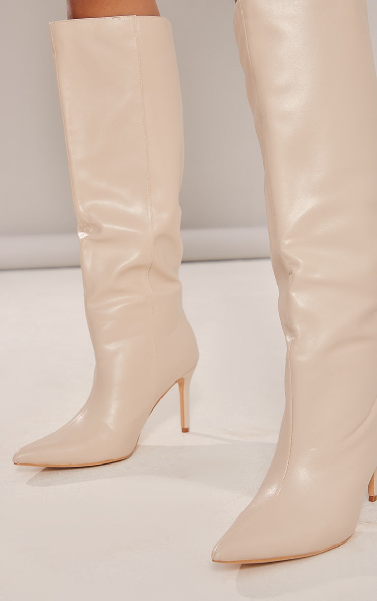 Cream PU Croc Detail Point Toe Stiletto Heeled Knee Boots