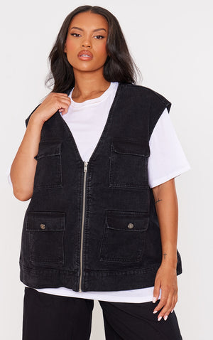 Plus Blue Zip Up Denim Cargo Gilet