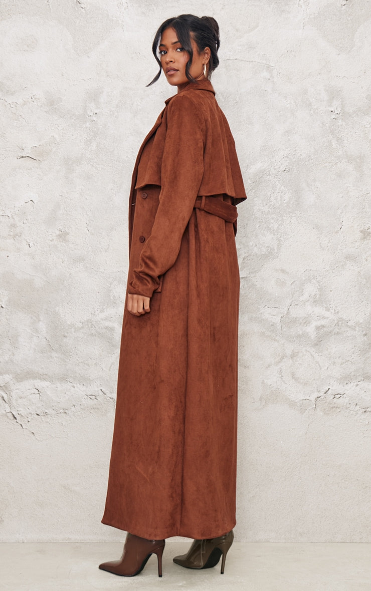 Tall Chocolate Faux Suede Belted Maxi Trench Coat