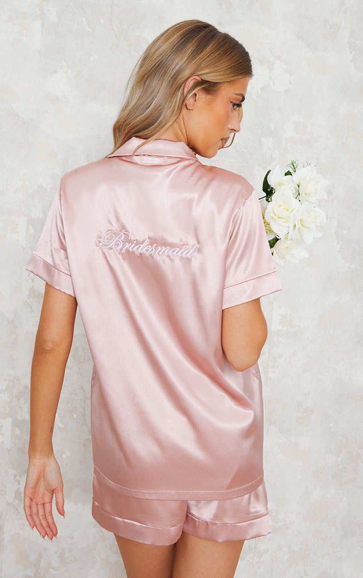 Dusty Pink Bridesmaid Embroidered Satin Button Down Shorts PJ Set