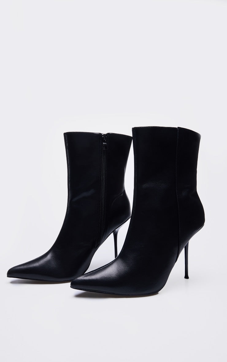 Black Pu Point Toe Mid Heeled Ankle Boots