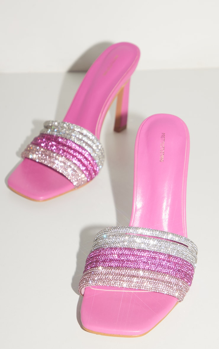 Pink Wide Fit Diamante Ombre High Heeled Mule Sandals