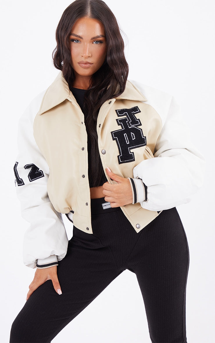 Beige Faux Leather Raglan Sleeve Cropped Varsity Bomber Jacket