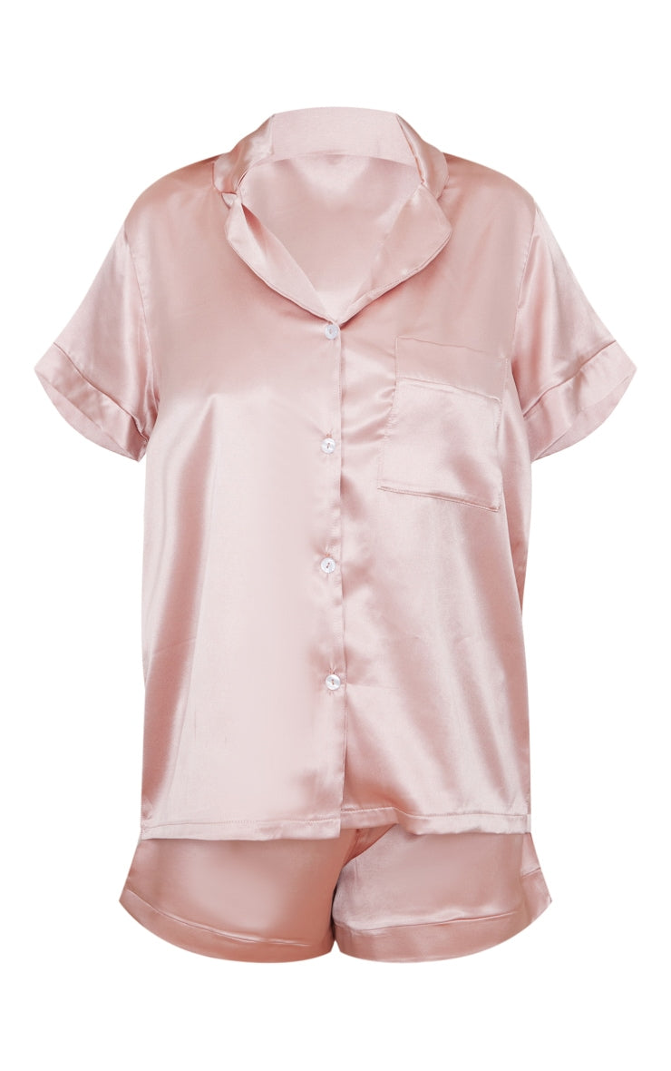 Dusty Pink Bridesmaid Embroidered Satin Button Down Shorts PJ Set