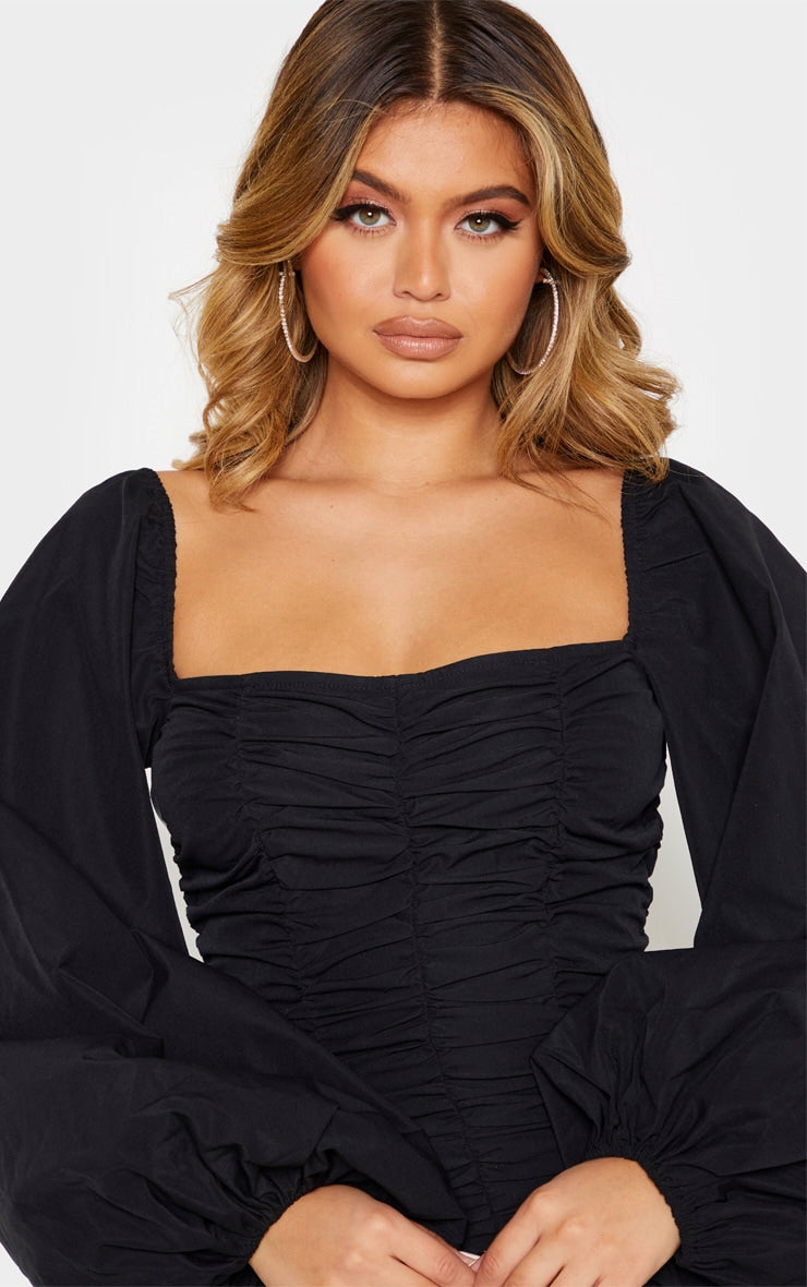 Black Balloon Sleeve Ruched Bodycon Dress