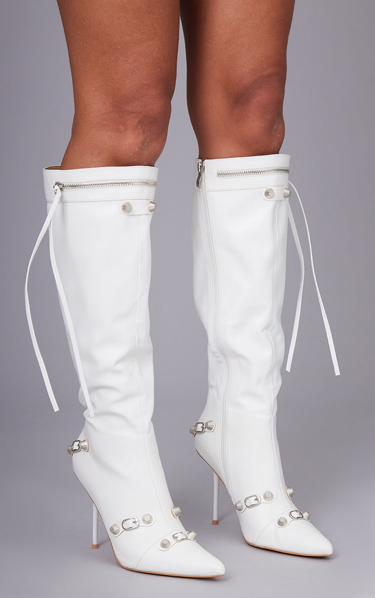 White Pu Zip Detail Point Toe Mid Heeled Knee Boots