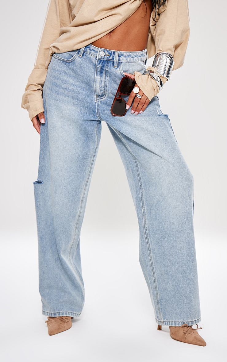 Ice Blue Split Cut Out Denim Boyfriend Jeans