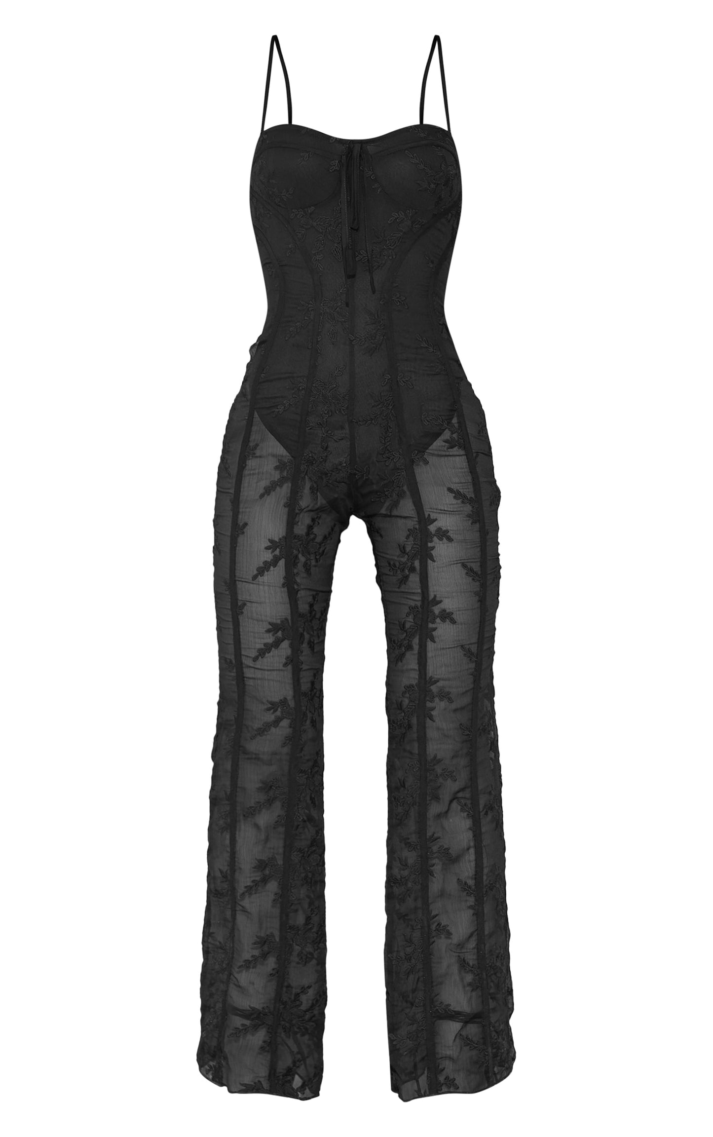 White Lace Binding Detail Strappy Sheer Jumpsuit