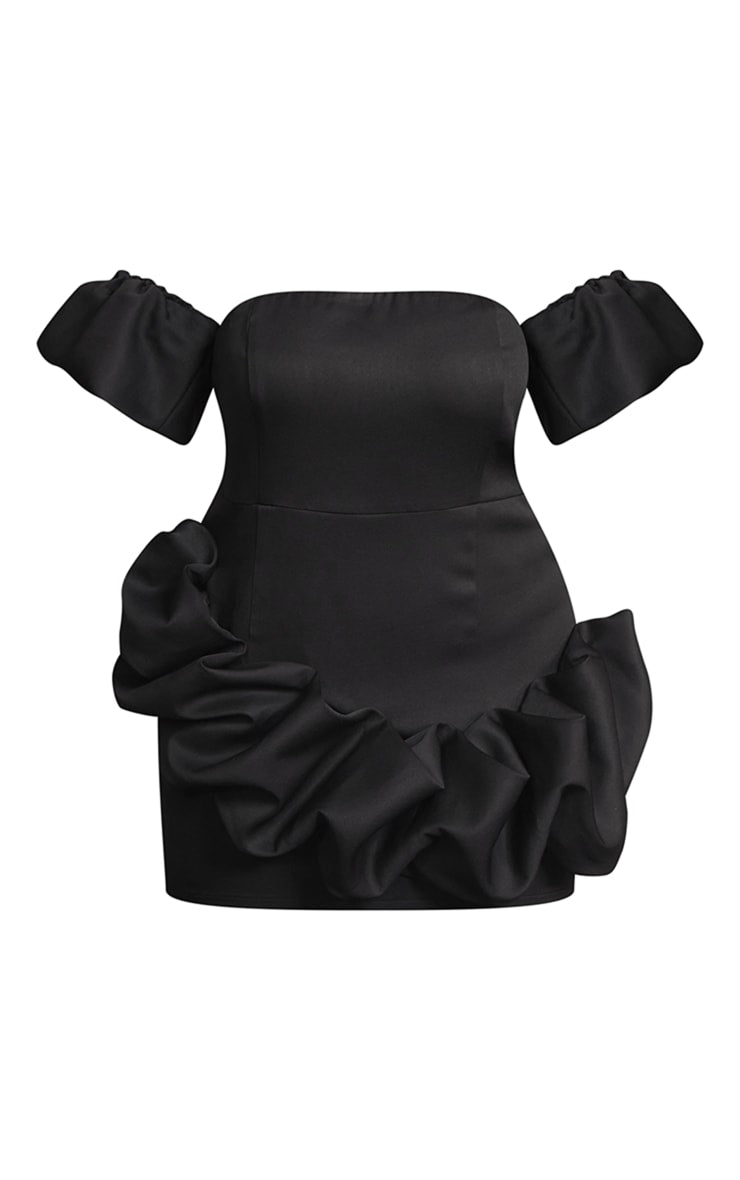 Plus Black Frill Detail Puff Sleeve Bardot Bodycon Dress - HCWP 