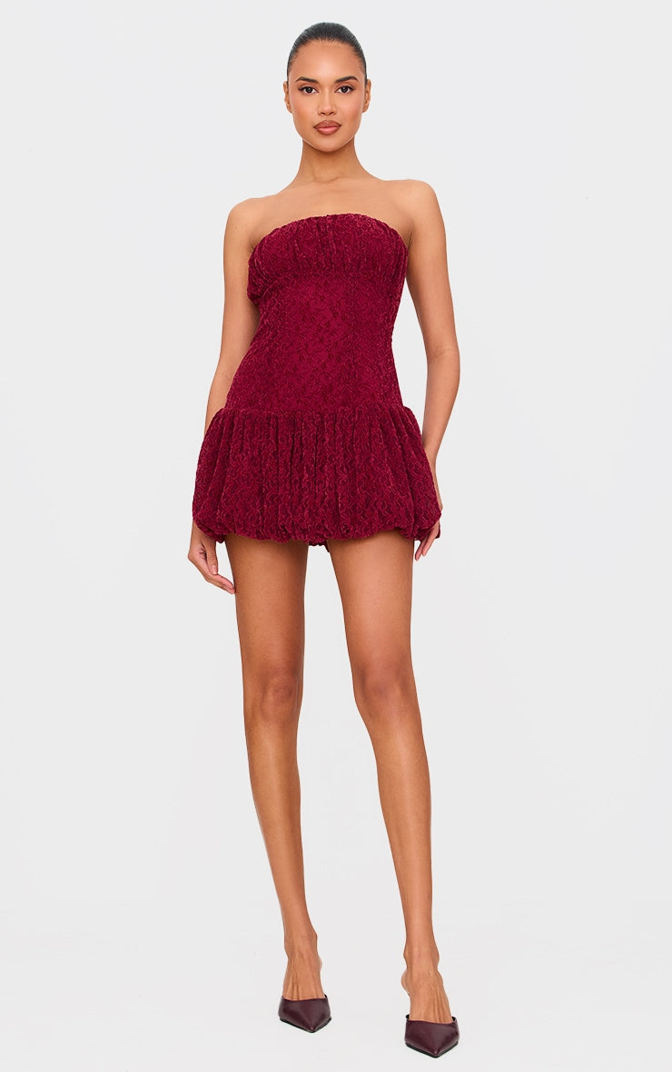 Cherry Red Lace Bandeau Ruched Mini Dress