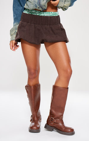 Brown Twill Low Rise Puffball Mini Skirt